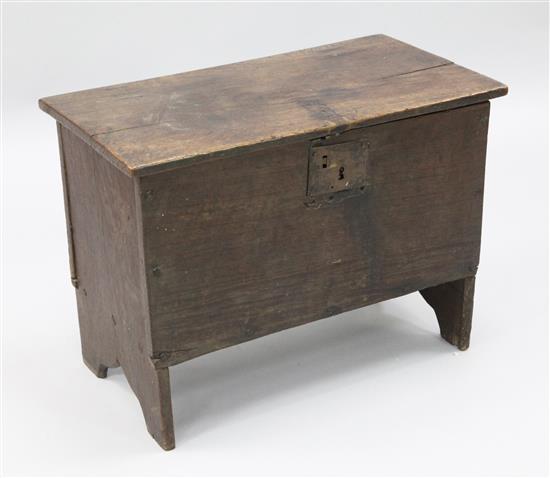 A small 17th century oak six plank coffer, W.2ft 2in. D.1ft 2in. H.1ft 7in.